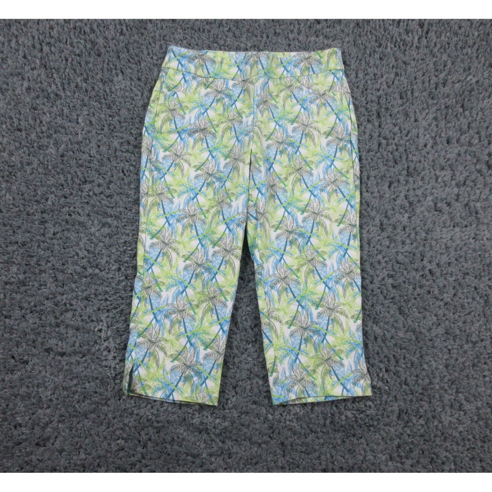Coconut Row Pants Womens 12P Petites Blue Green Palm Tree Skimmer Capri 31x18.5*